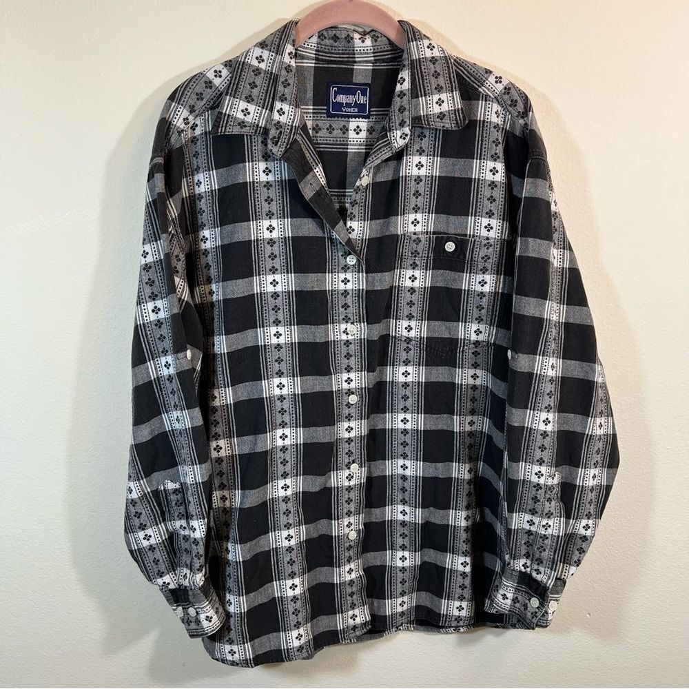Company One 90's Vintage Gray White Plaid Button Down Shirt XL Cabincore - Picture 1 of 10